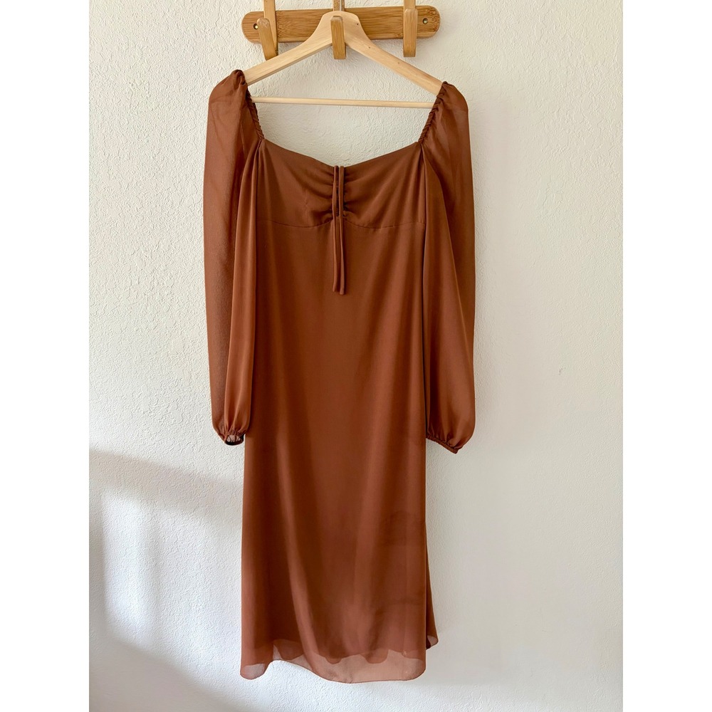 Aritzia Wilfred Brown Sheath Midi Dress Square Neck Sheer Sleeves Size 4